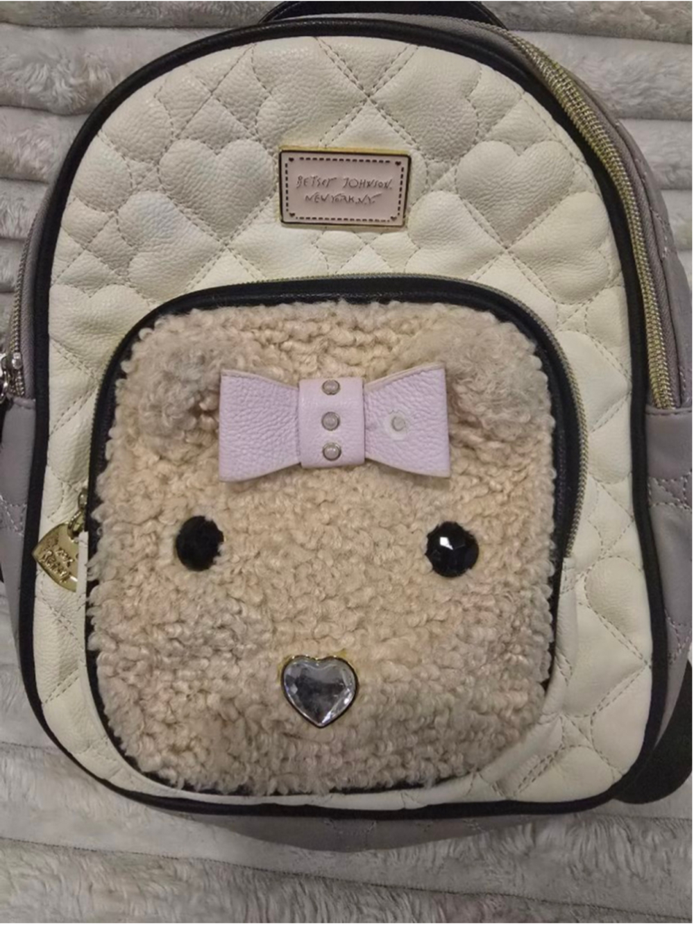 Women's Betsey Johnson Backpack White Gray Bear Quilted